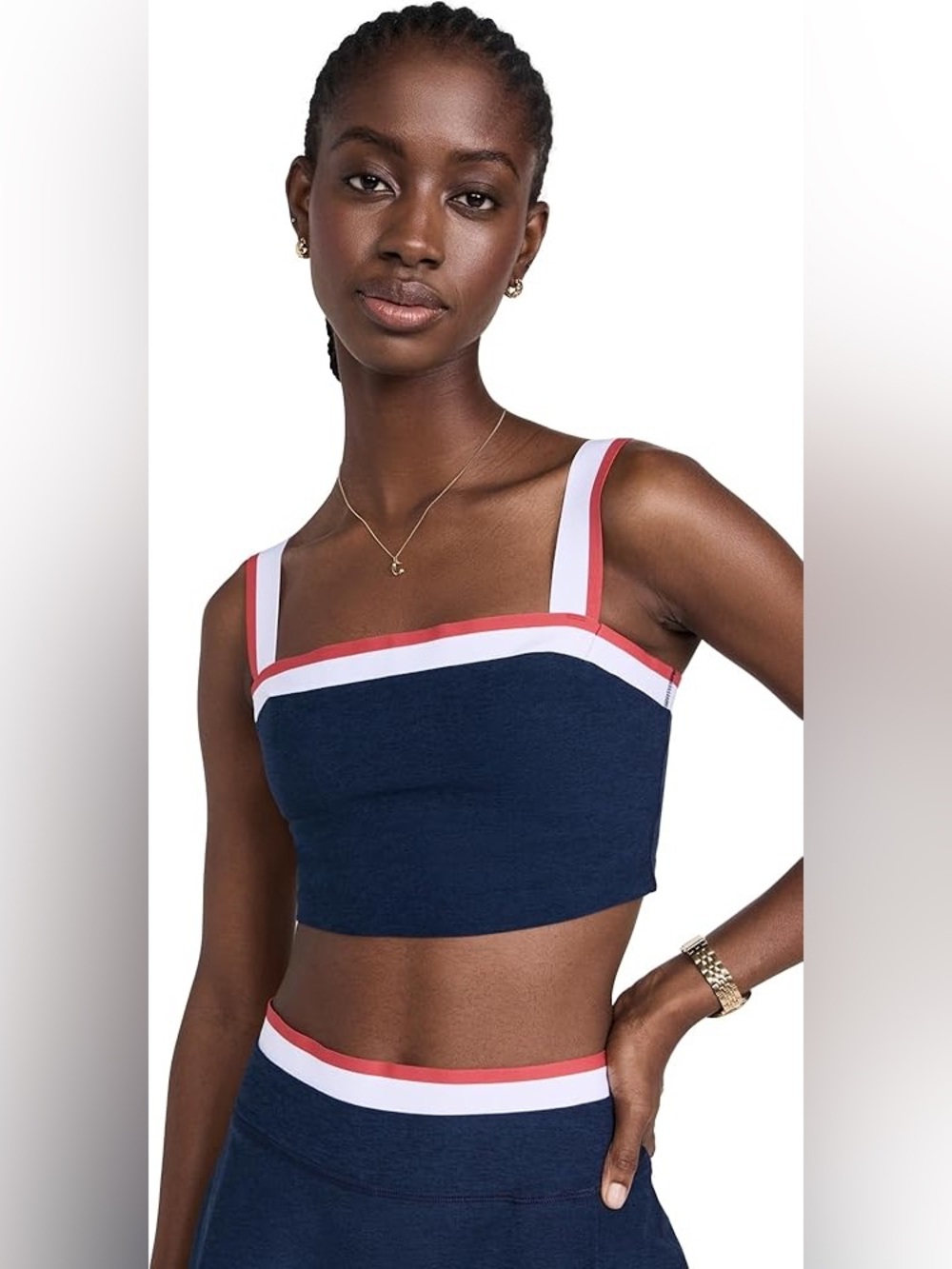 Beyond Yoga Navy  Blue Strappy Sports Bra / Cropped Tankwith Red  and White Trim